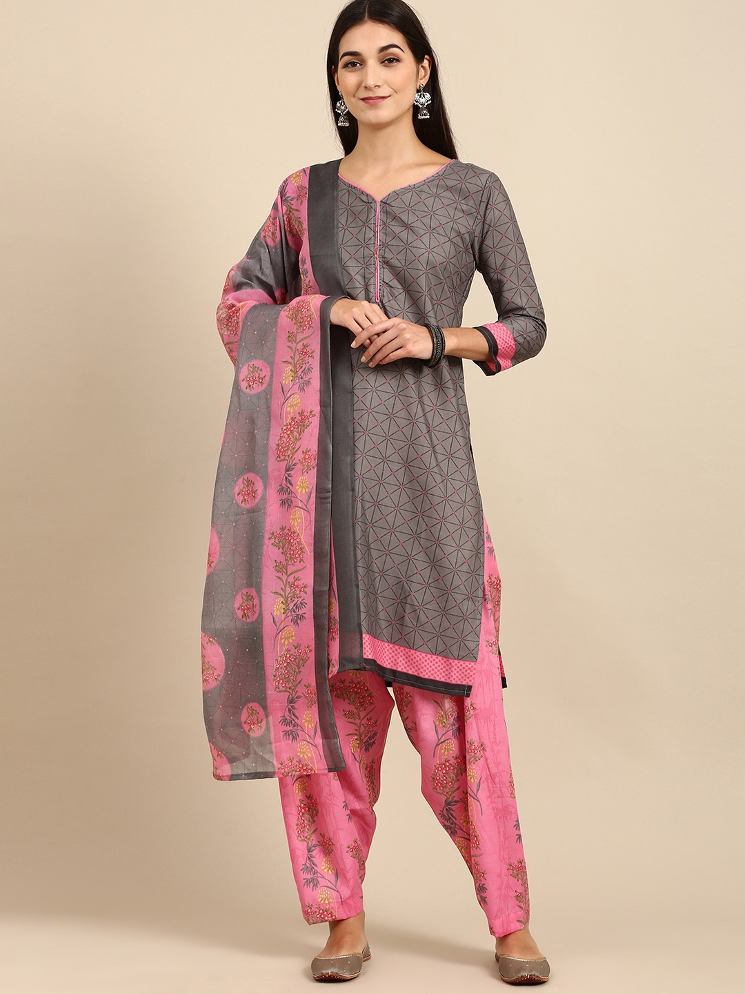 

Rajnandini Grey & Pink Printed Unstitched Dress Material