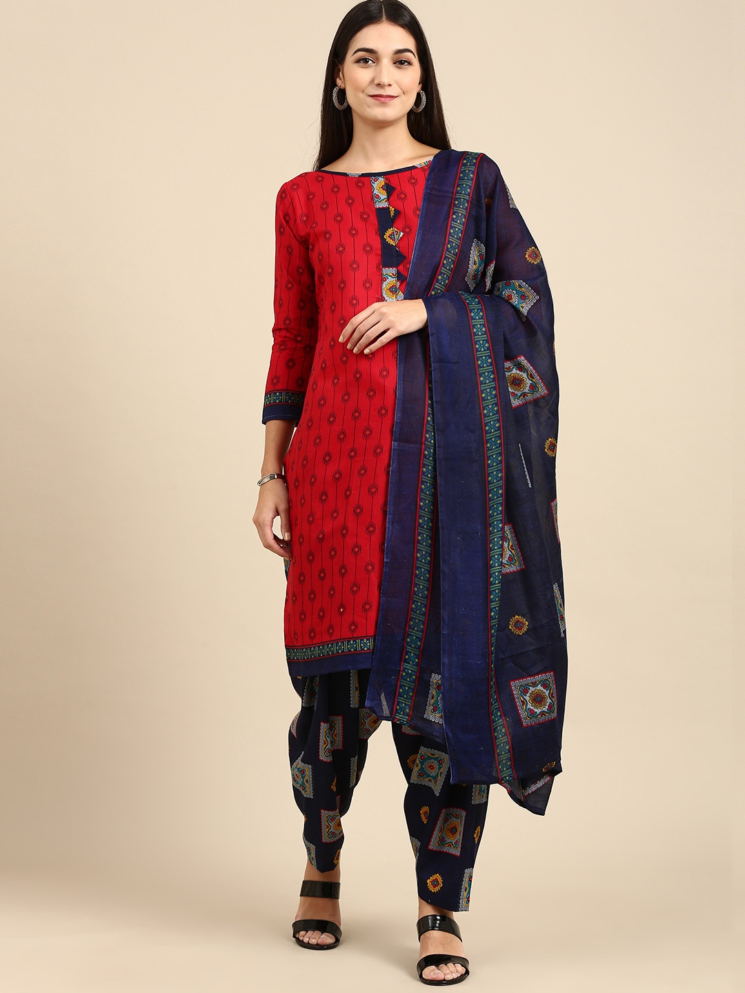 

Rajnandini Red & Blue Printed Unstitched Dress Material