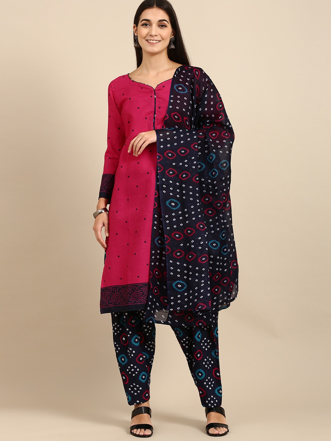 

Rajnandini Magenta & Navy Blue Printed Unstitched Dress Material