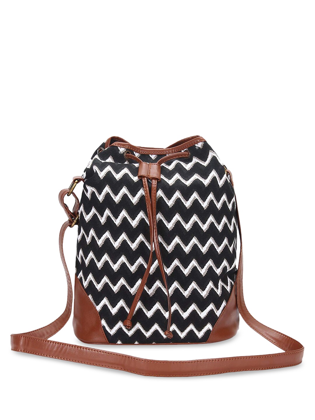 

Lychee bags Black & White Geometric Printed Bucket Sling Bag