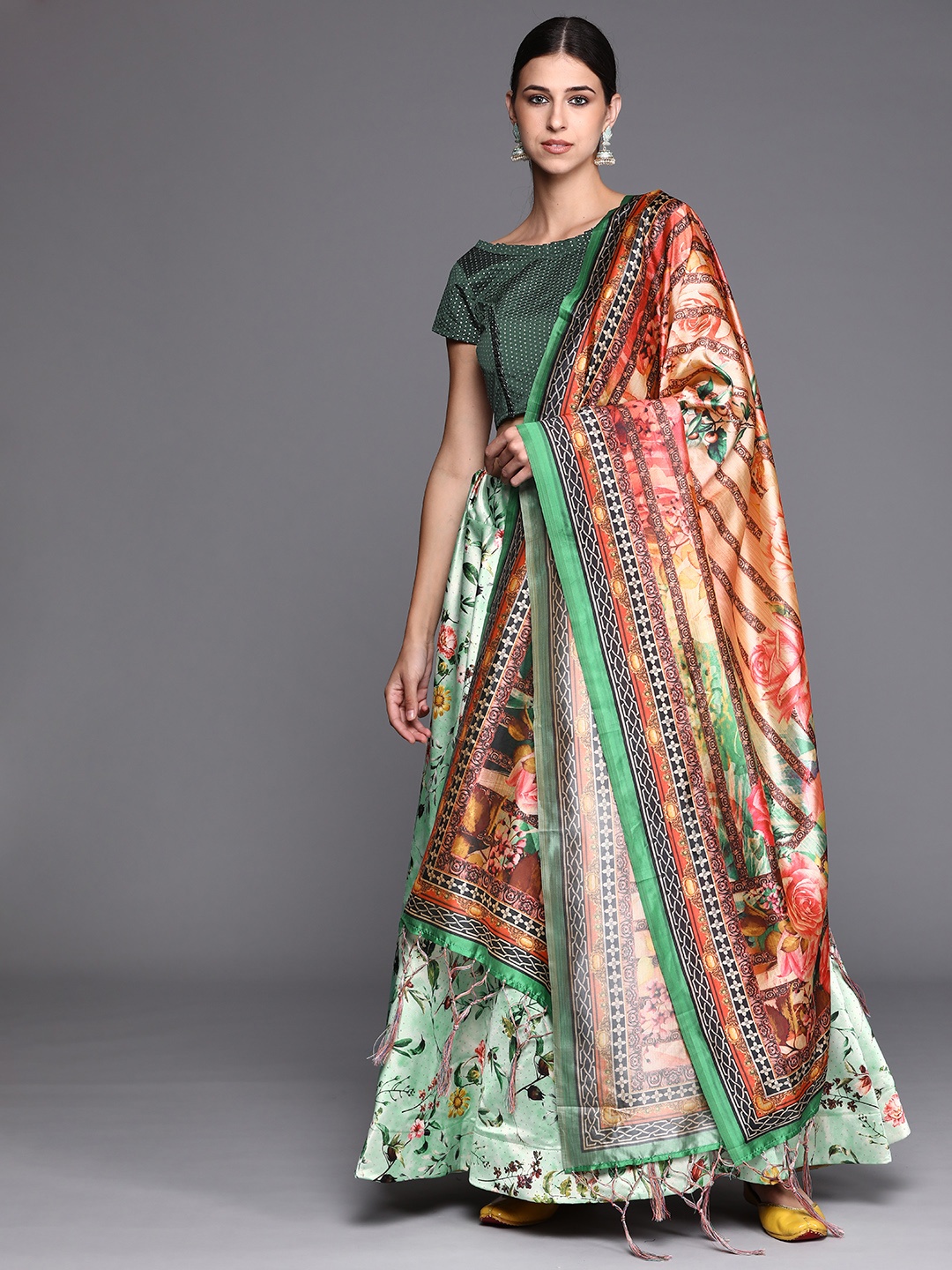 

Mitera Green & Red Printed Khari Print Semi-Stitched Lehenga & Unstitched Blouse With Dupatta