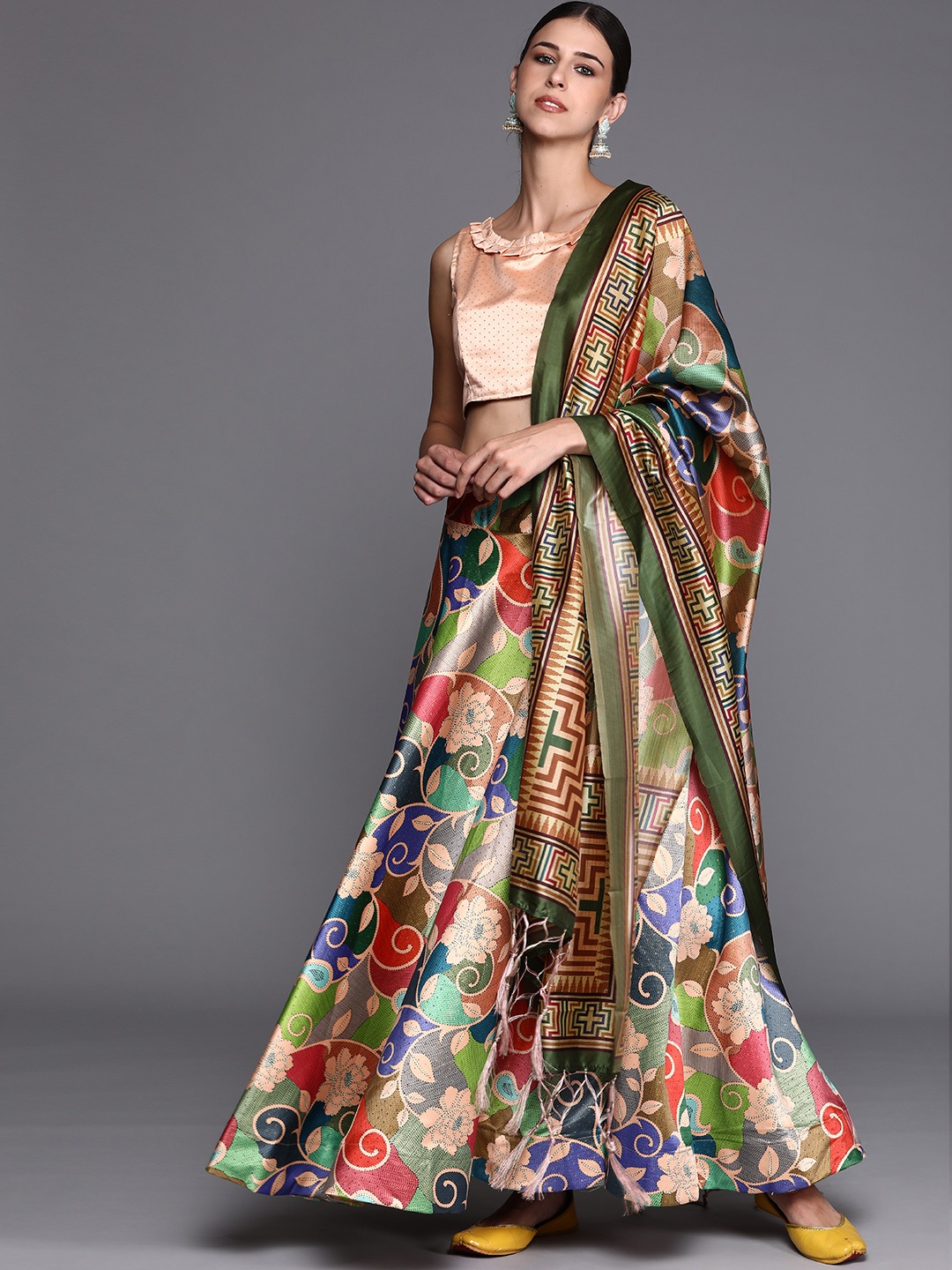 

Mitera Green & Peach-Coloured Block Print Semi-Stitched Lehenga Choli