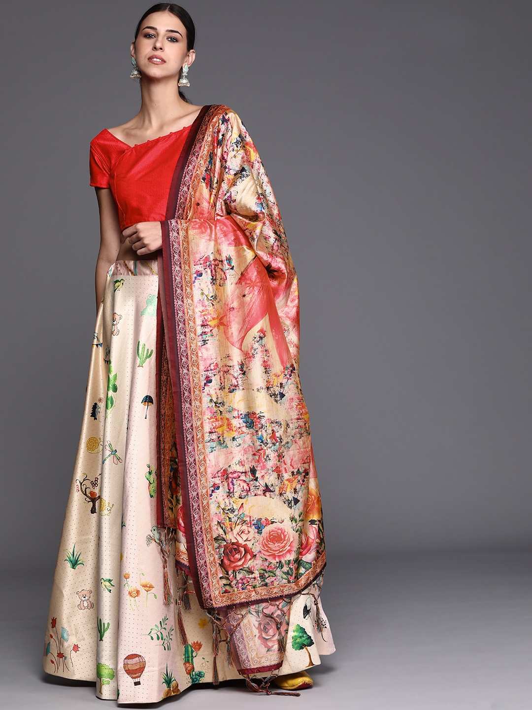 

Mitera Cream-Coloured & Red Printed Block Print Semi-Stitched Lehenga & Unstitched Blouse With Dupatta