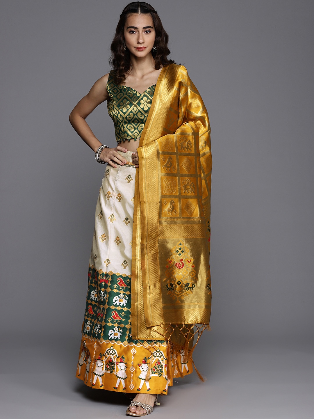 

Mitera Green & Mustard Ready to Wear Lehenga & Blouse With Dupatta