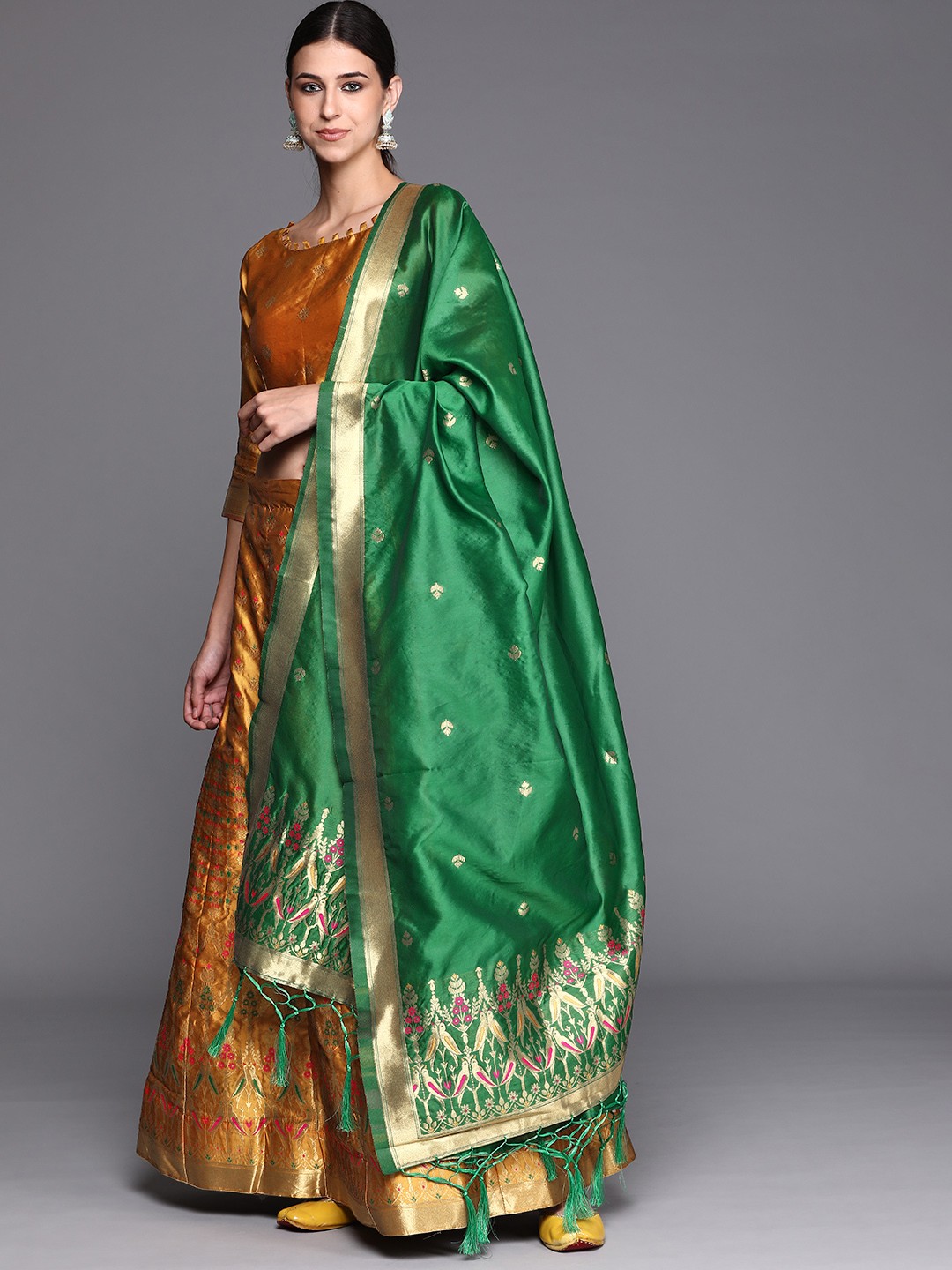 

Mitera Mustard & Green Semi-Stitched Lehenga & Unstitched Blouse With Dupatta