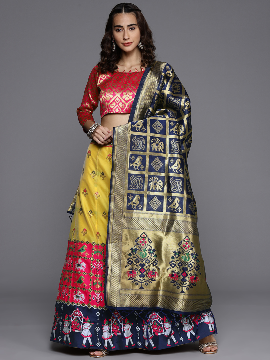 

Mitera Pink & Yellow Semi-Stitched Lehenga & Unstitched Blouse With Dupatta