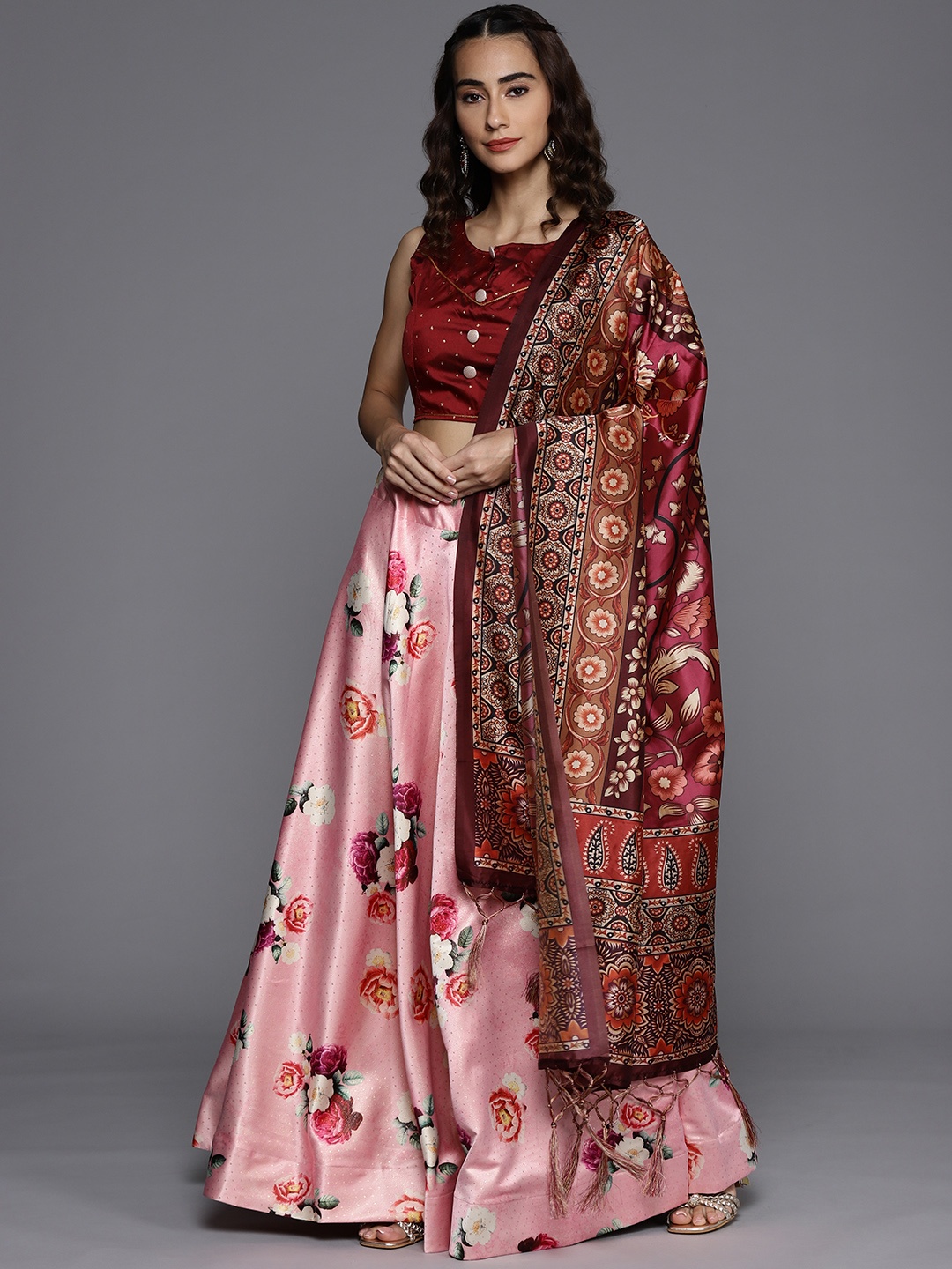 

Mitera Pink & Maroon Khari Print Semi-Stitched Lehenga & Unstitched Blouse With Dupatta