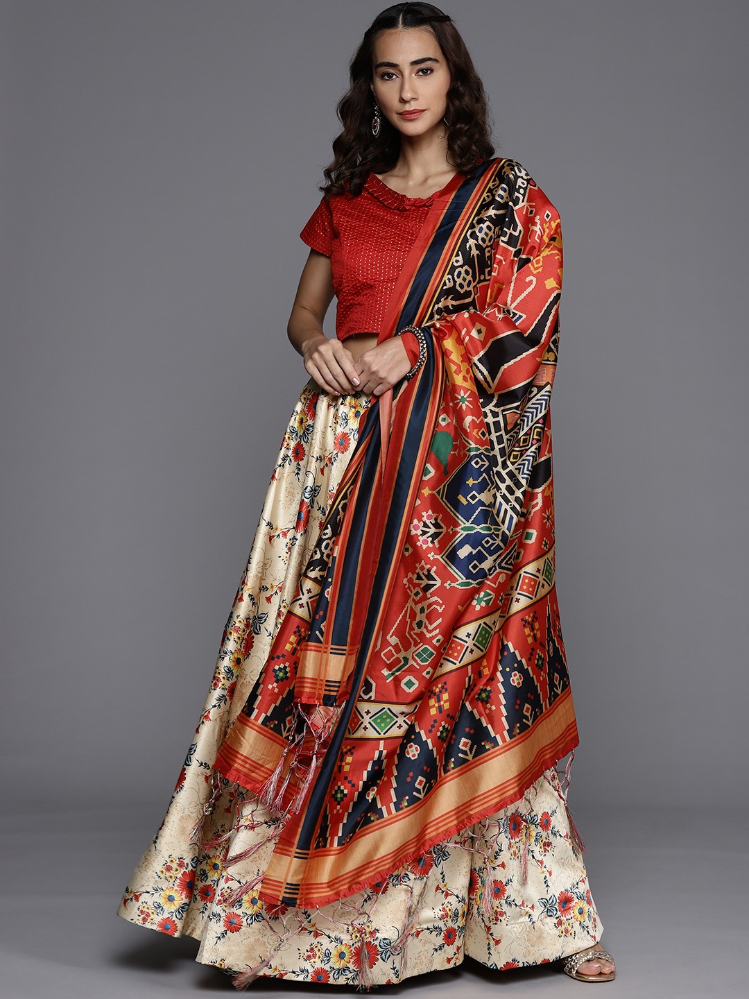 

Mitera Cream-Coloured & Red Printed Khari Print Semi-Stitched Lehenga & Unstitched Blouse With Dupatta