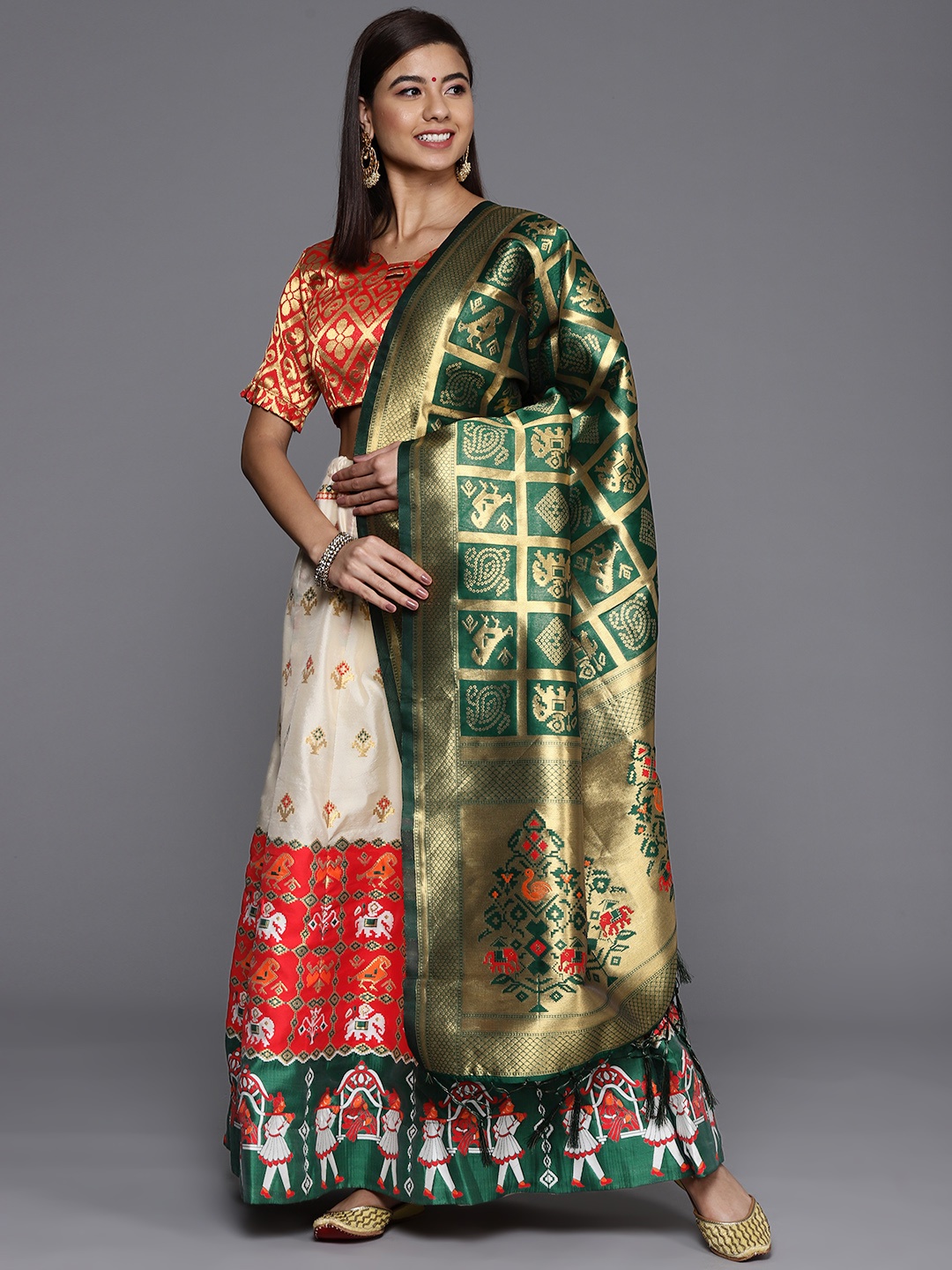 

Mitera Red & Green Semi-Stitched Lehenga & Unstitched Blouse With Dupatta