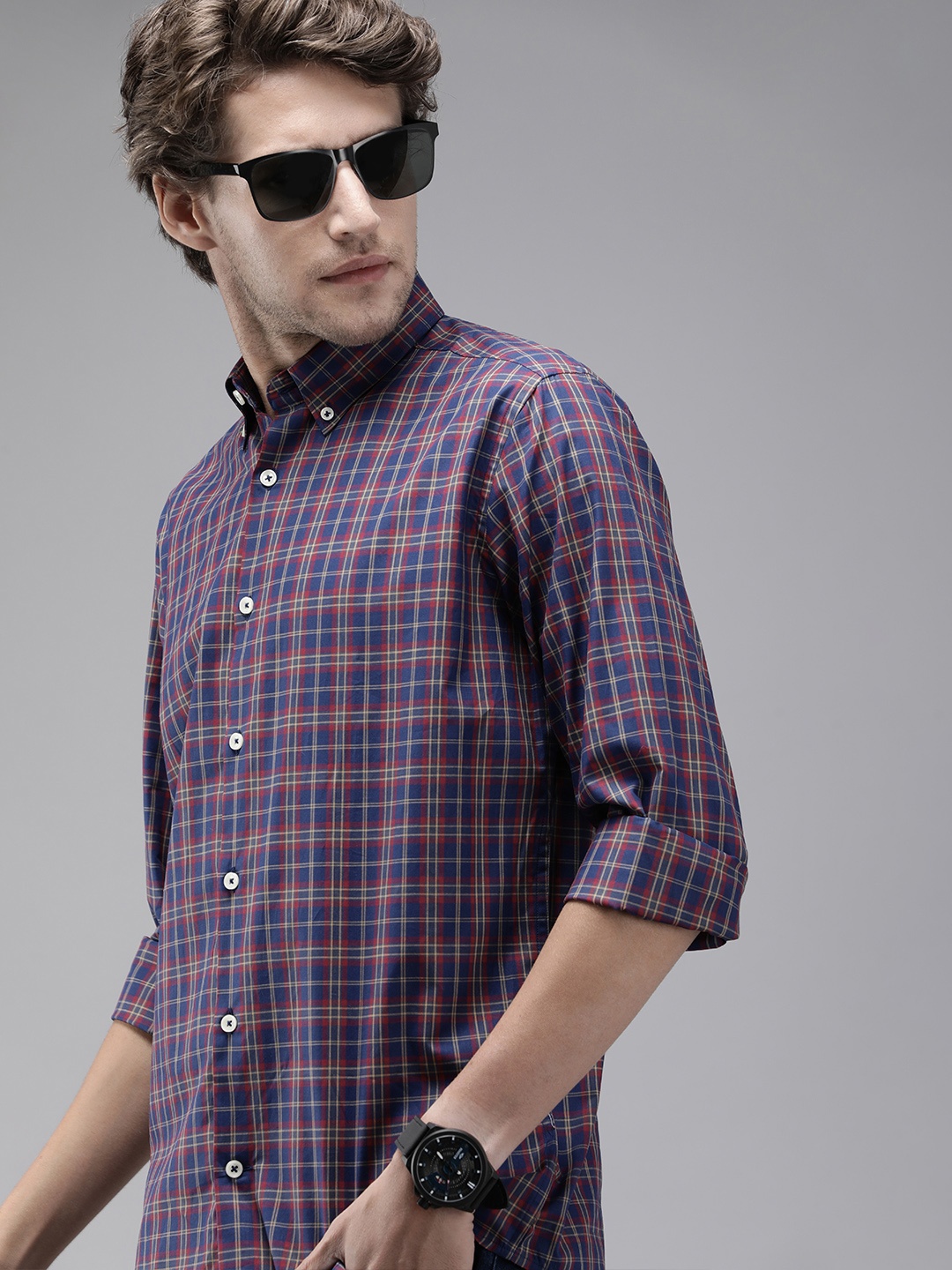

THE BEAR HOUSE Men Blue Slim Fit Tartan Checks Casual Shirt