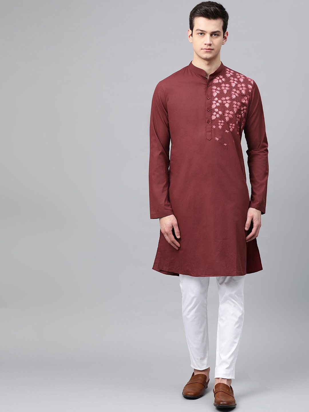 

See Designs Men Burgundy Floral Yoke Design Thread Work Pure Cotton Kurta with Trousers