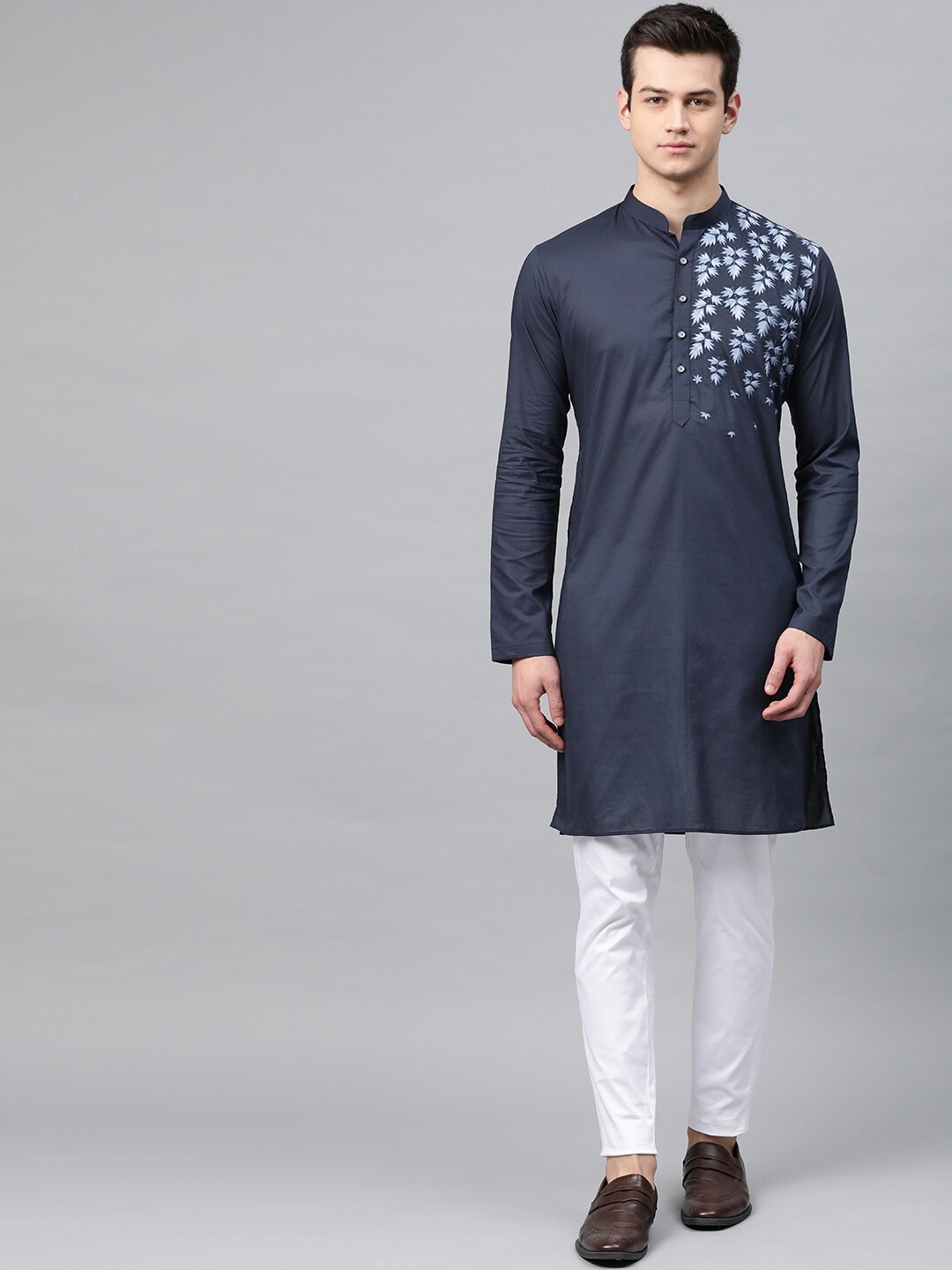 

See Designs Men Navy Blue Floral Yoke Design Thread Work Pure Cotton Kurta with Pyjamas