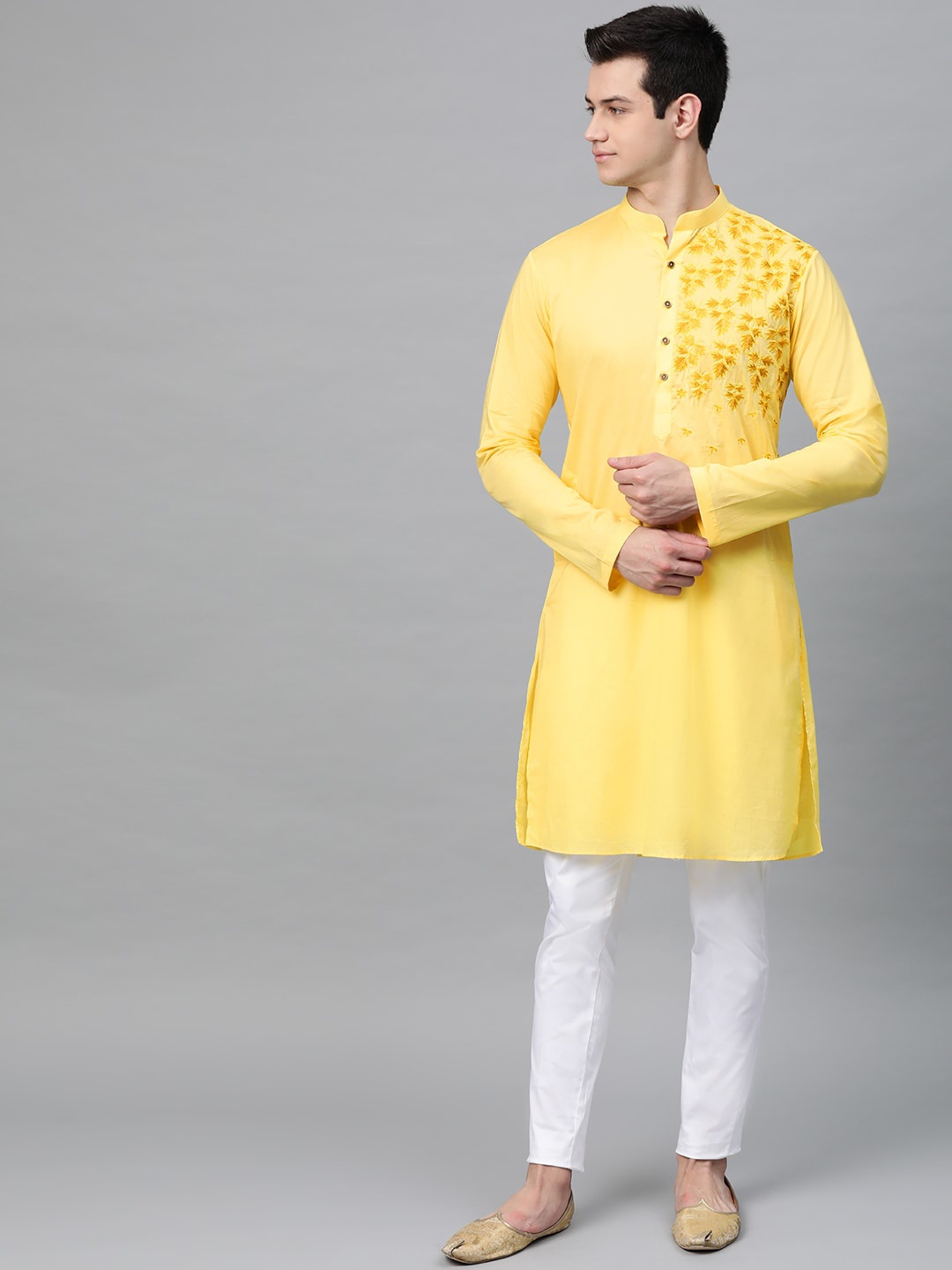 

See Designs Men Yellow Floral Yoke Design Thread Work Pure Cotton Kurta with Pyjamas