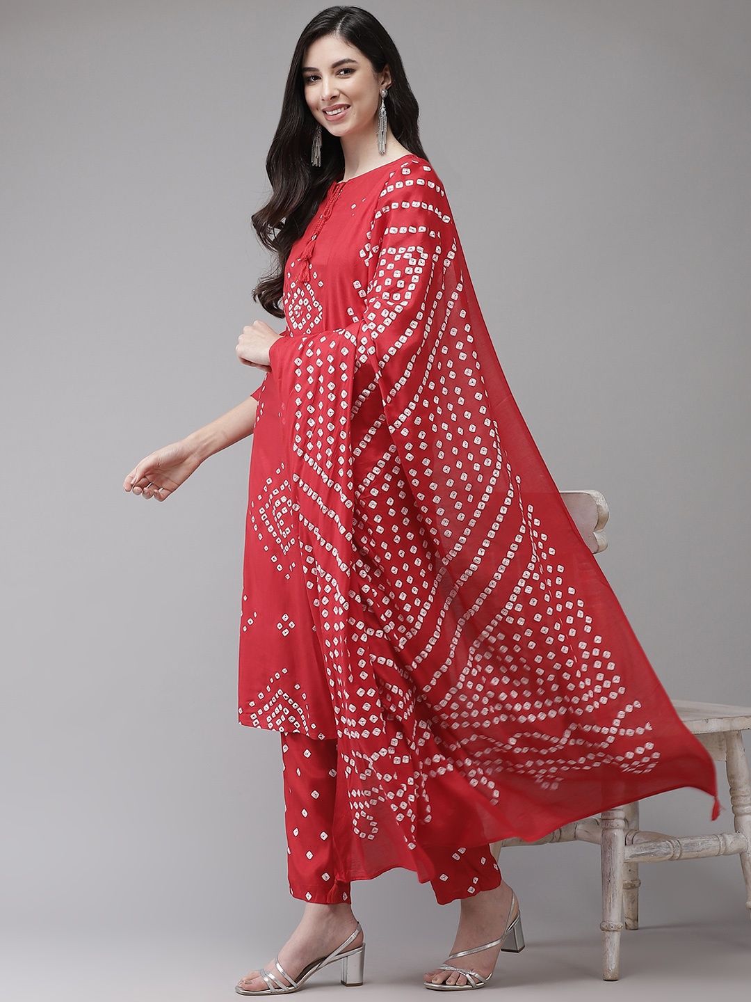 

Ishin Women Red Bandhani Printed Kurta with Trousers & Dupatta