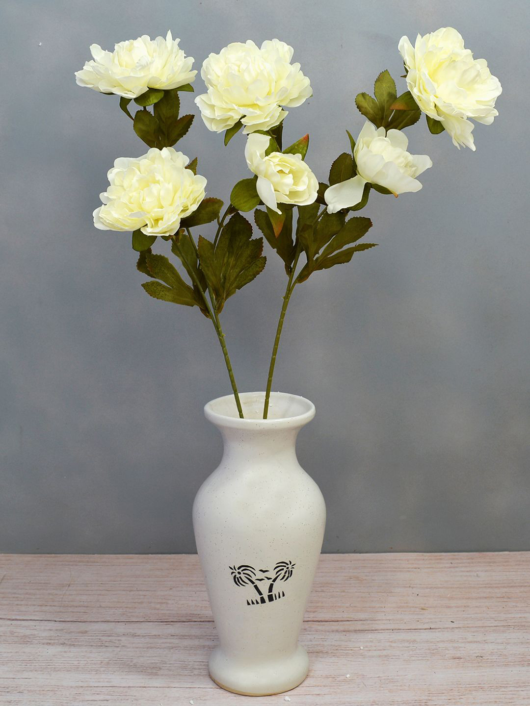 

fancy mart White & Green Set of 2 Artificial Flower Stick Common Peony without Pot