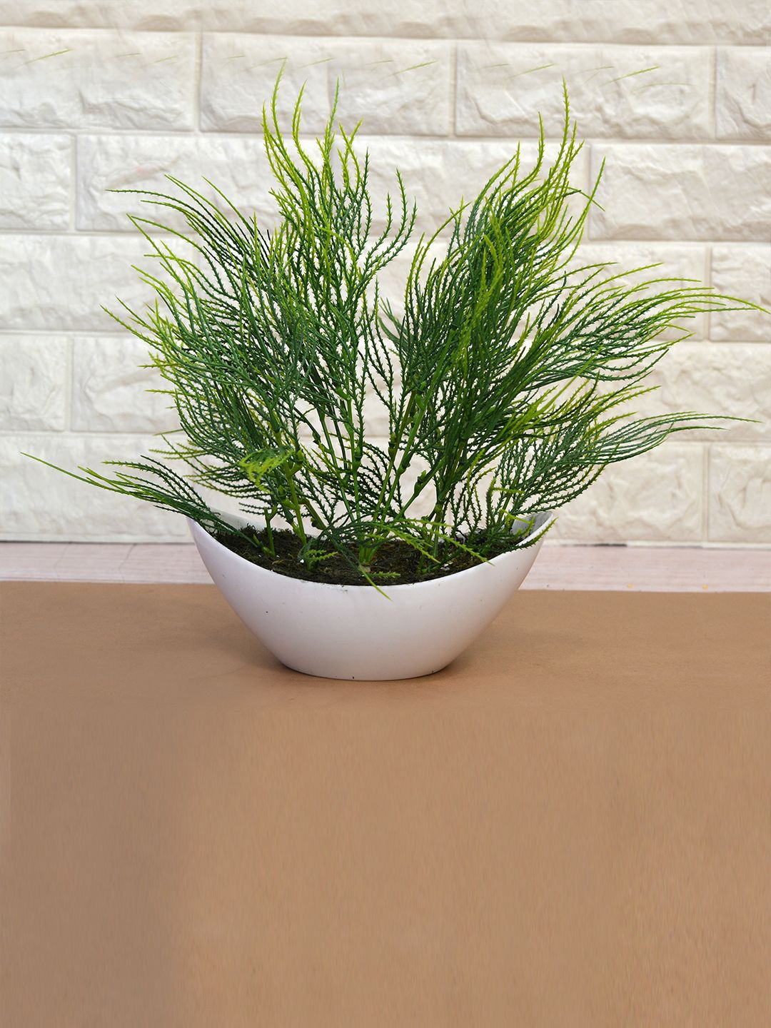 

fancy mart Green Artificial Shrub Plant in Boat Pot, Cream