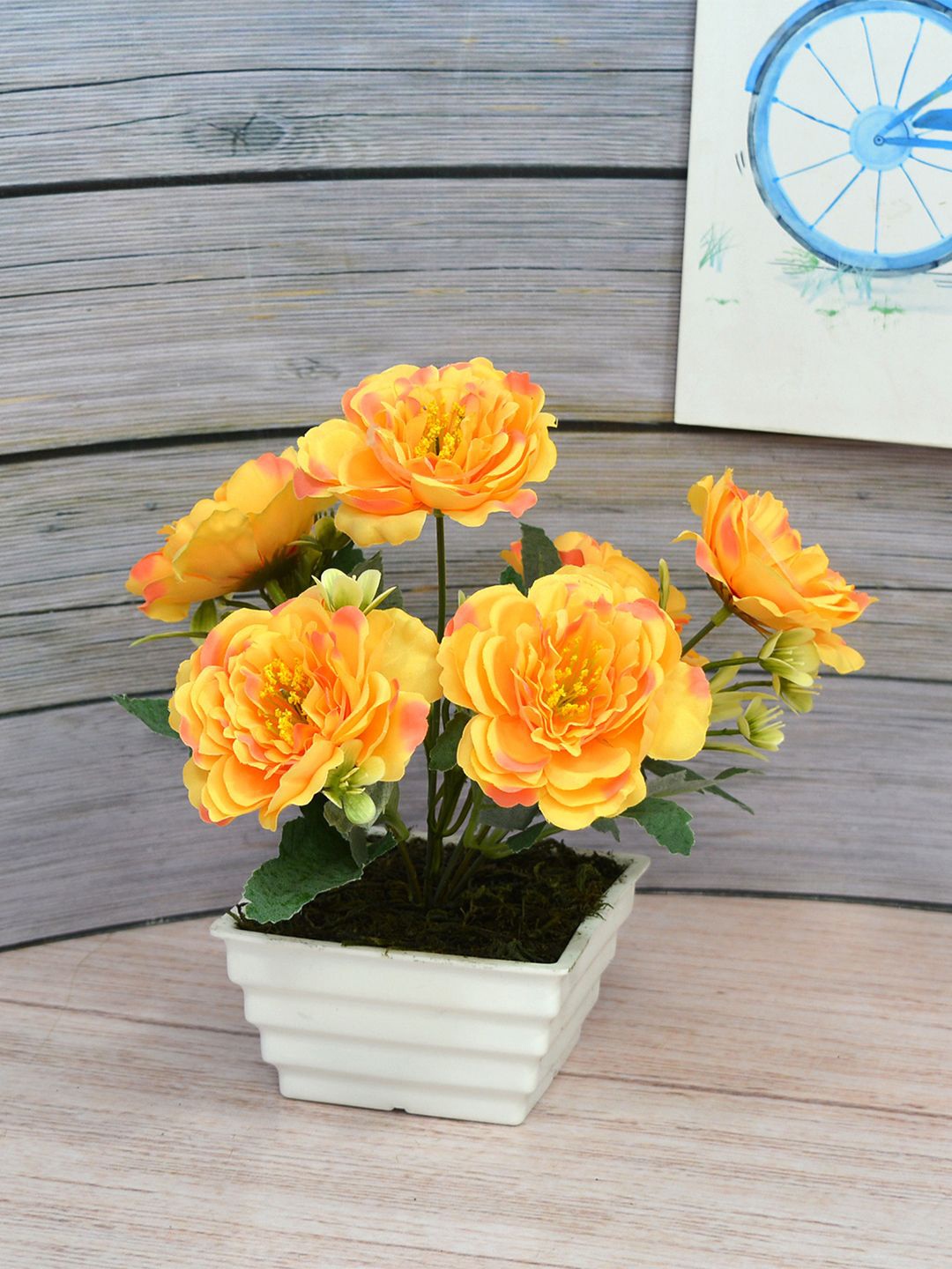 

fancy mart Yellow & White Artificial Flower Common Peony With Topaz Pot