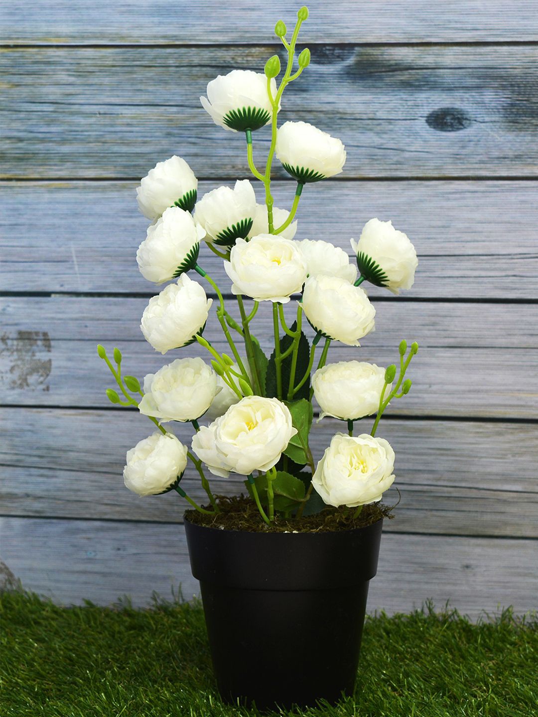 

fancy mart White Artificial Flower Bengal Rose With Cone Pot