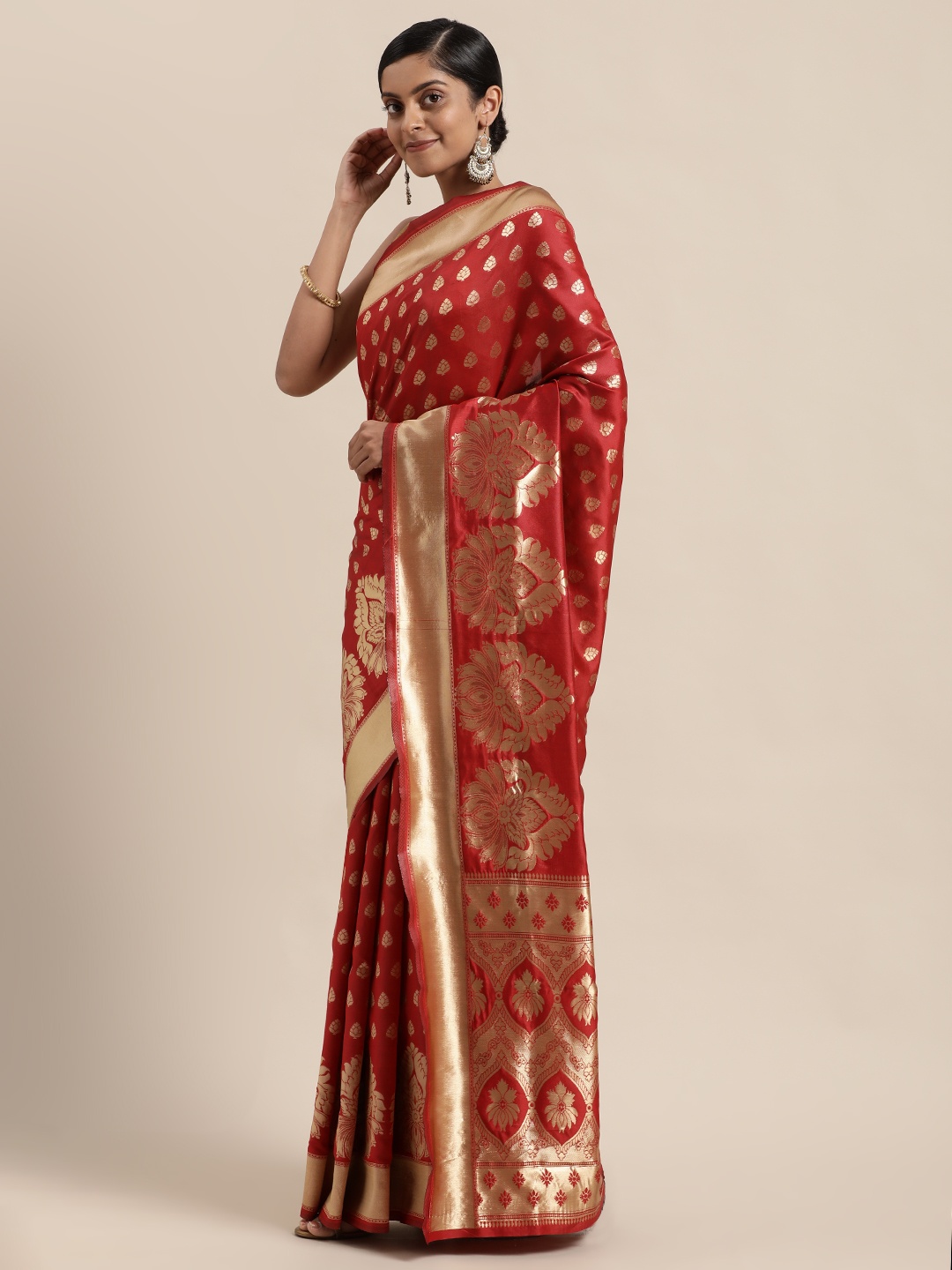 

Sugathari Red Woven Design Silk Blend Fusion Banarasi Saree