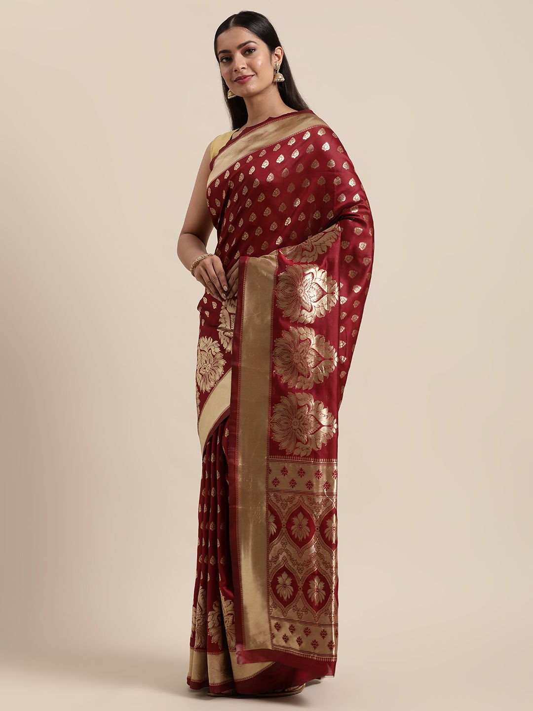 

Sugathari Maroon Ethnic Motifs Silk Blend Banarasi Saree