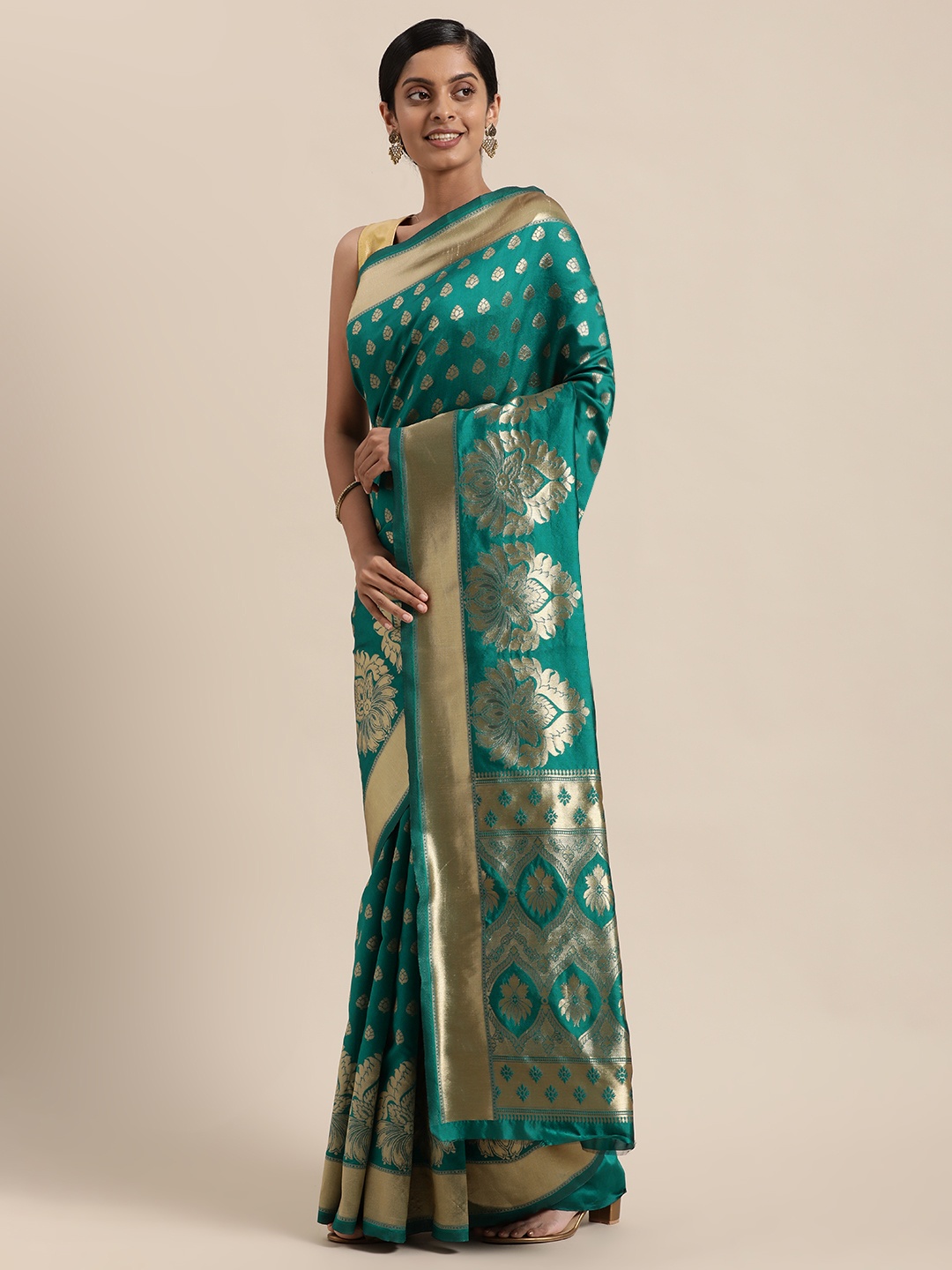 

Sugathari Teal Ethnic Motifs Silk Blend Banarasi Saree