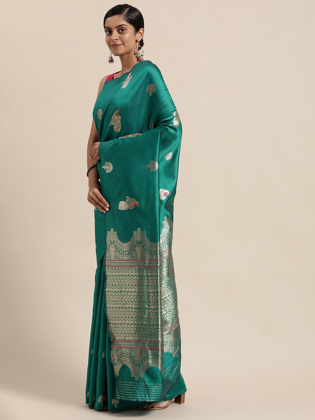 

Sugathari Teal Woven Design Silk Blend Fusion Kanjeevaram Saree