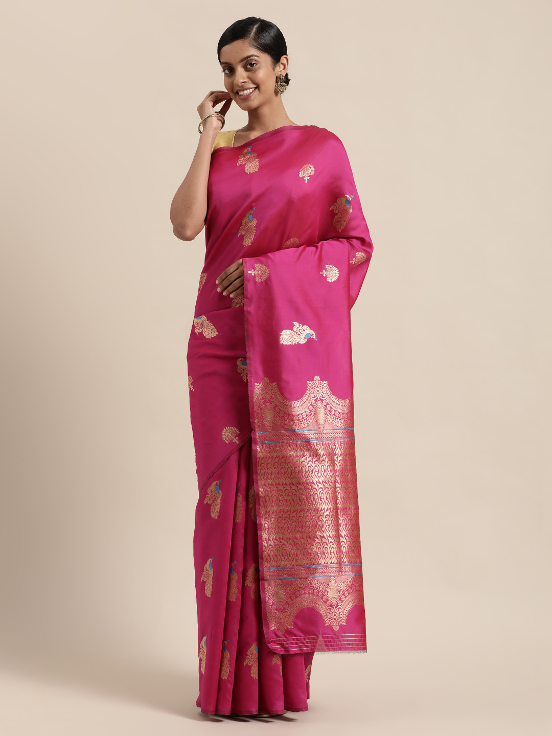 

Sugathari Pink Ethnic Motifs Silk Blend Kanjeevaram Saree