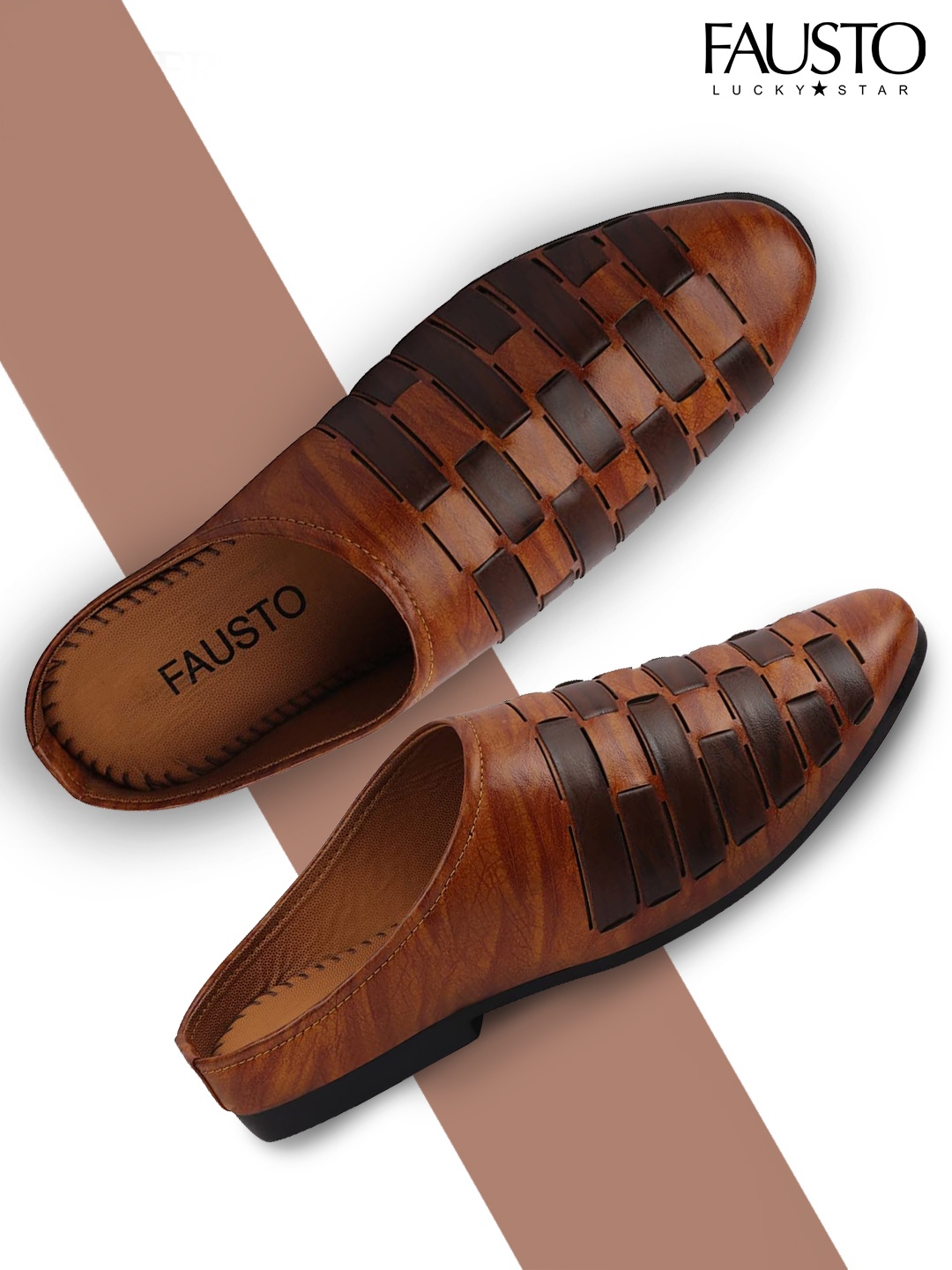 

FAUSTO Men Tan Woven Design PU Mules