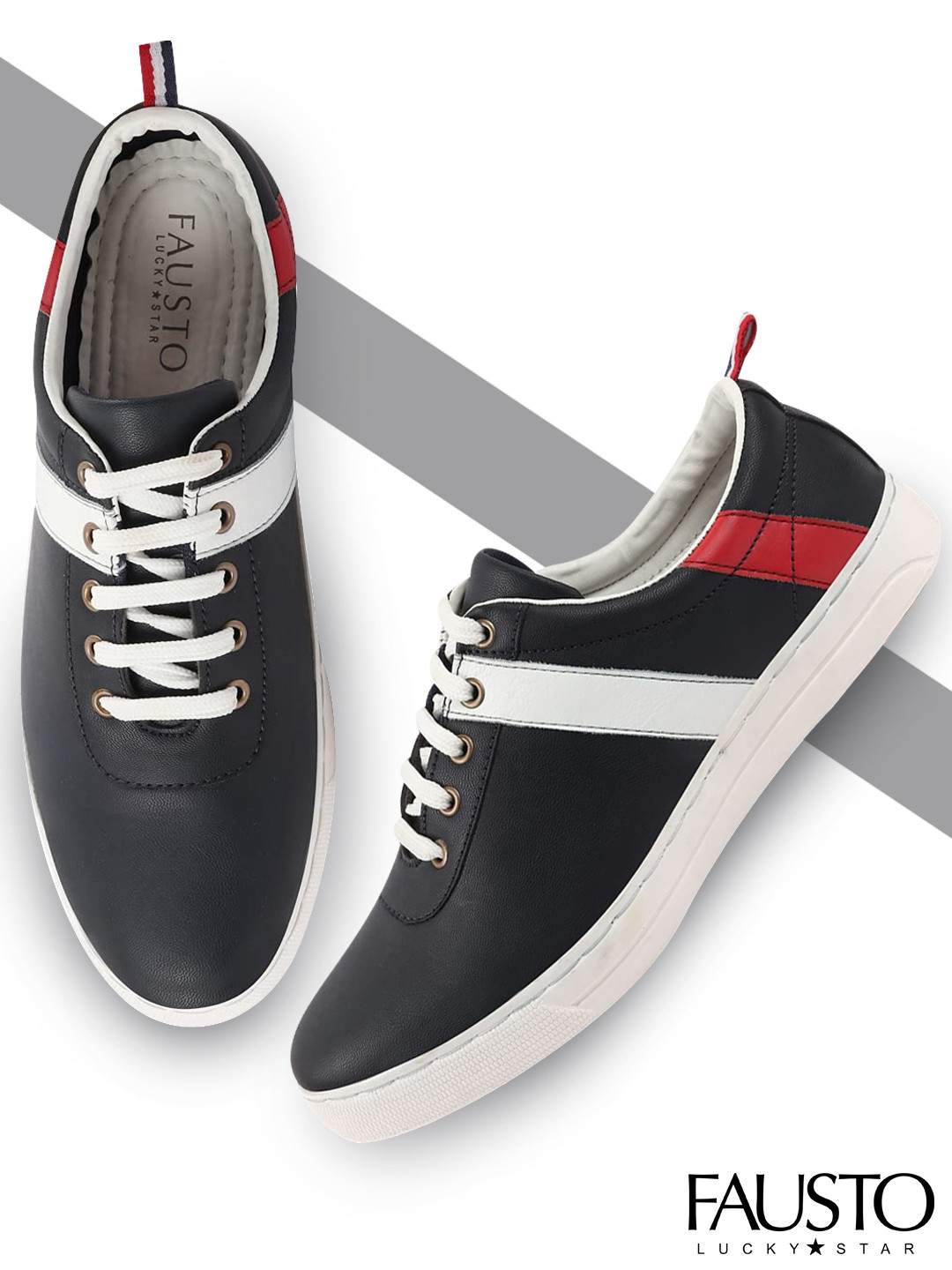 

FAUSTO Men Navy Blue Striped PU Sneakers
