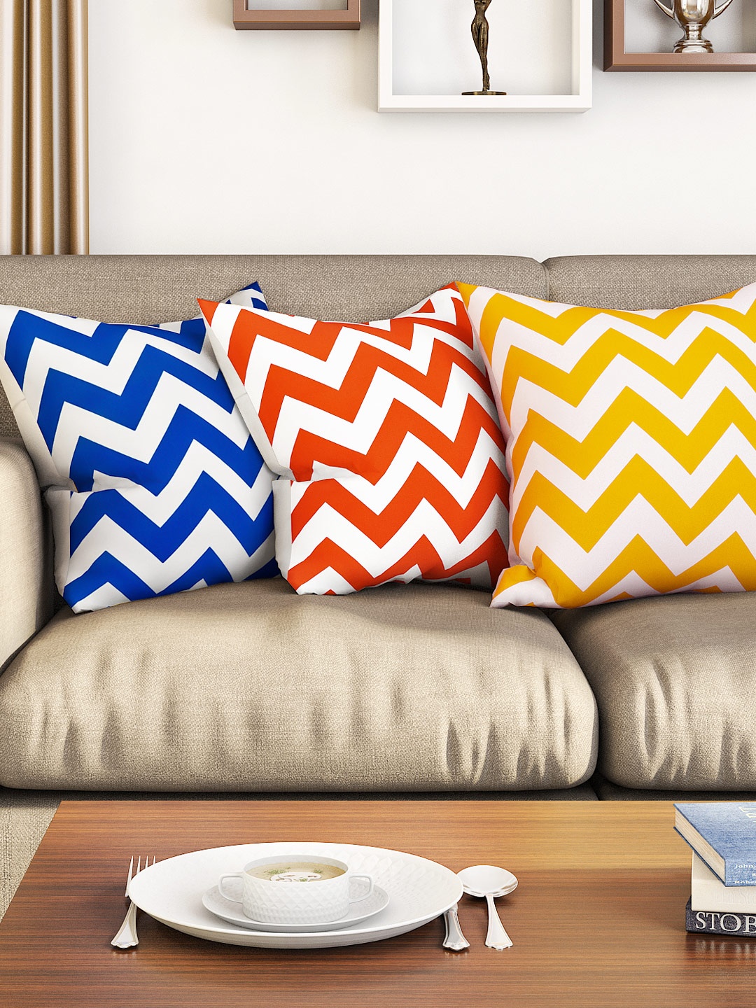 

SEJ by Nisha Gupta Multicoloured Set of 3 Printed 16'' x 16'' Square Cushion Covers, Multi