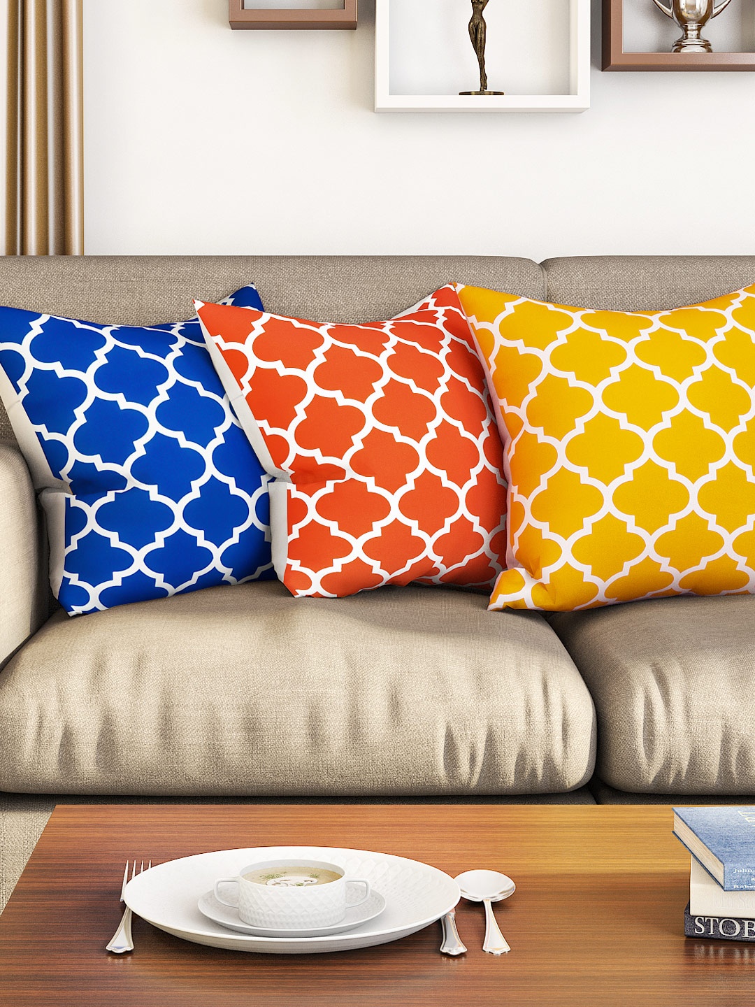 

SEJ by Nisha Gupta Multicoloured Set of 3 Printed 16'' x 16'' Square Cushion Covers, Multi