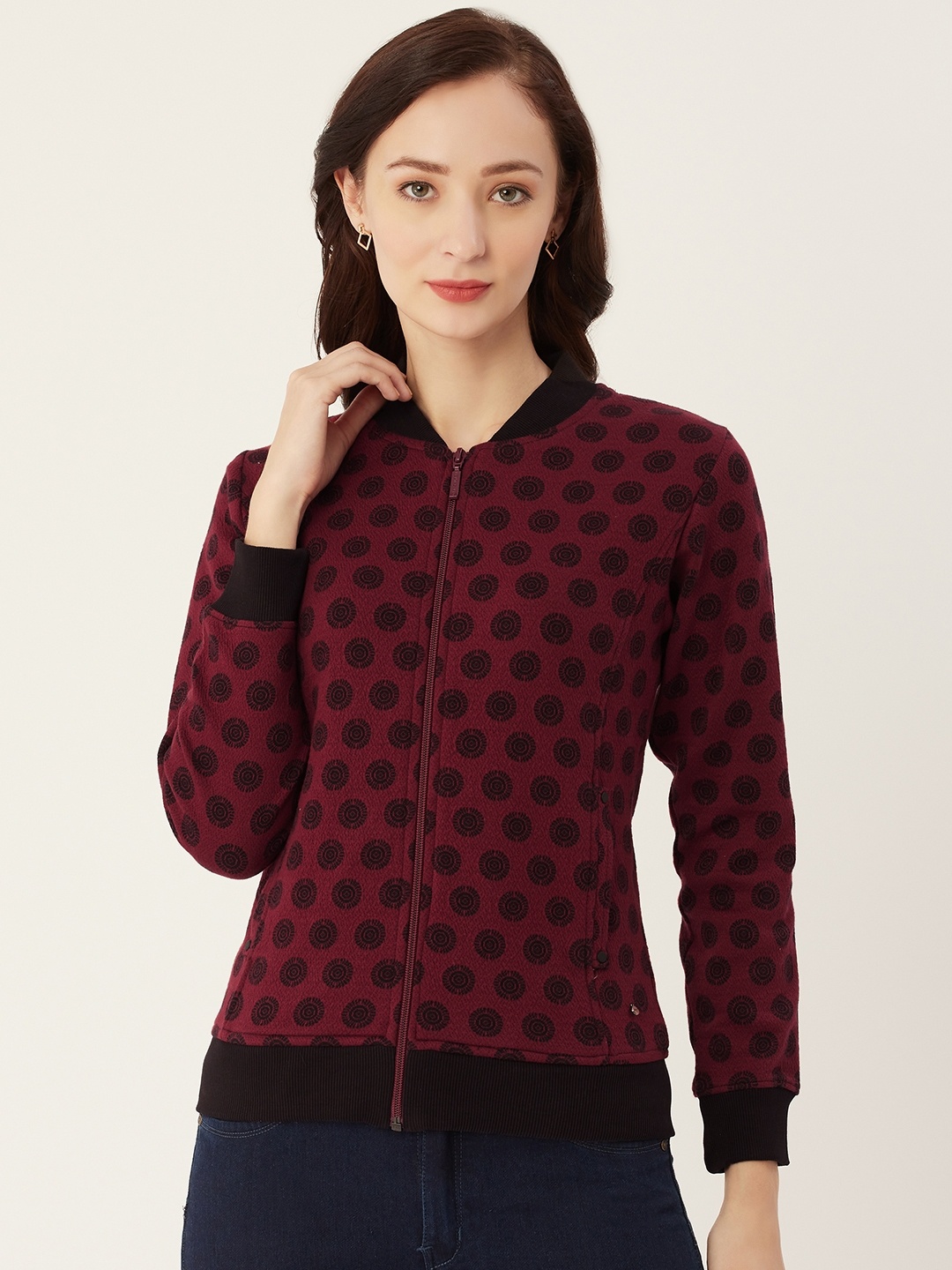 

Monte Carlo Women Maroon & Black Self-Design Sweatshirt