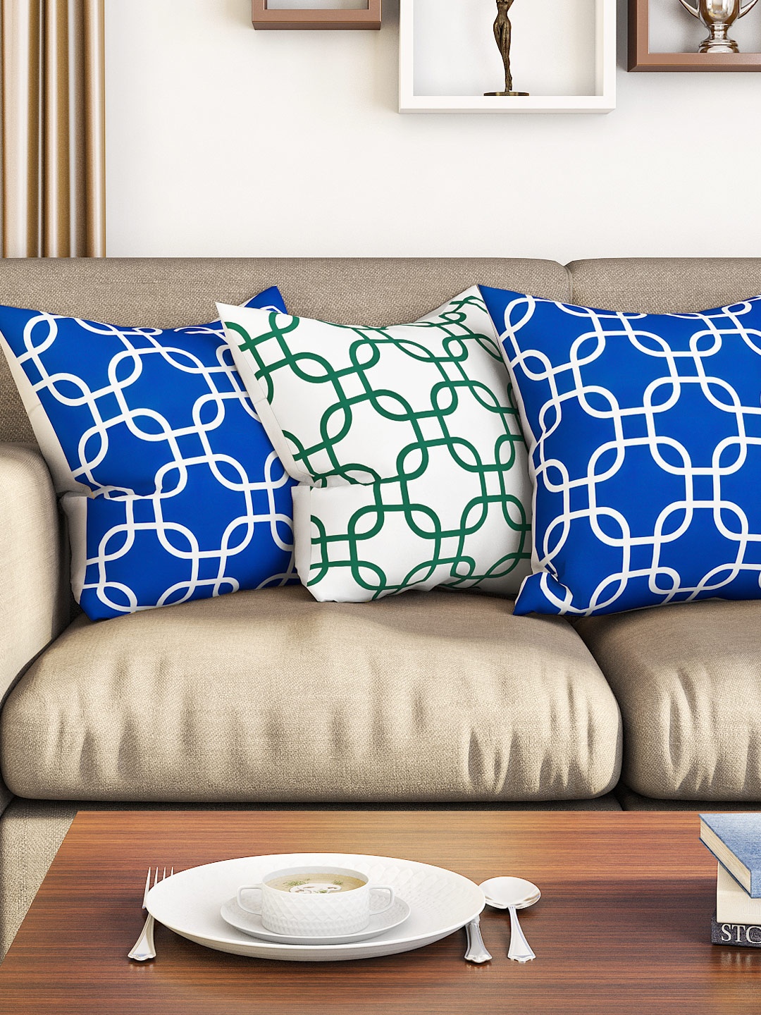 

SEJ by Nisha Gupta Blue & White Set of 3 Printed 16'' x 16'' Square Cushion Covers