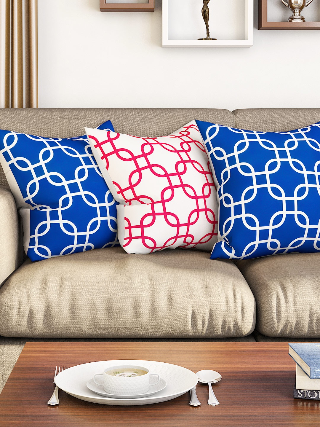 

SEJ by Nisha Gupta Blue & White Set of 3 Printed 16'' x 16'' Square Cushion Covers