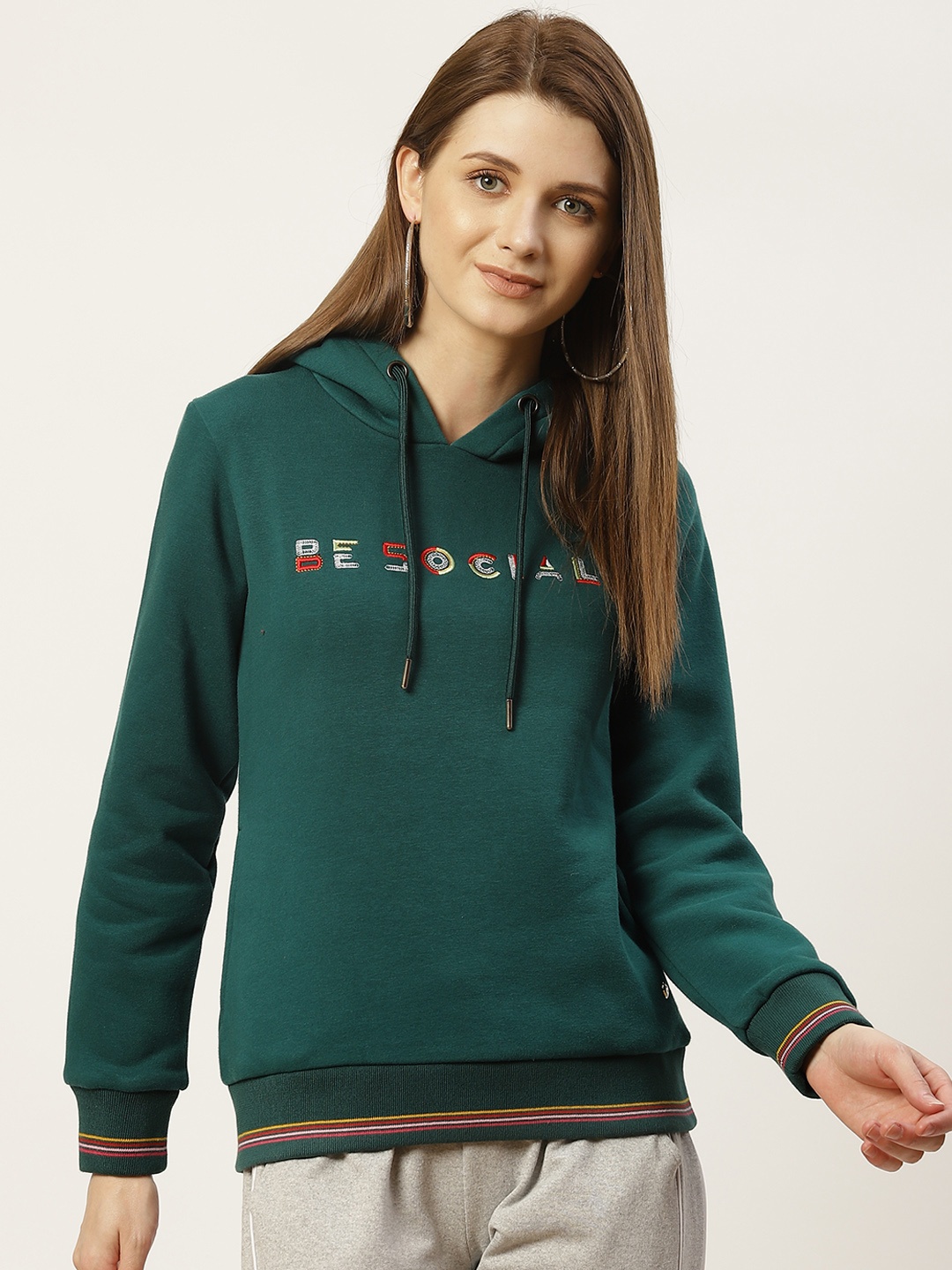 

Monte Carlo Women Green Embroidered Hooded Sweatshirt