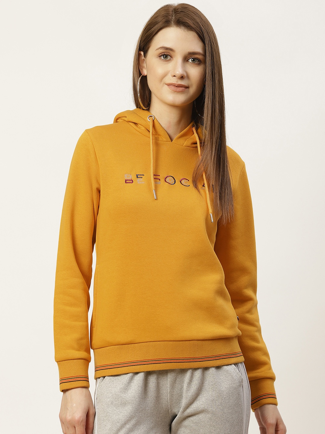 

Monte Carlo Women Mustard Yellow Embroidered Hooded Sweatshirt