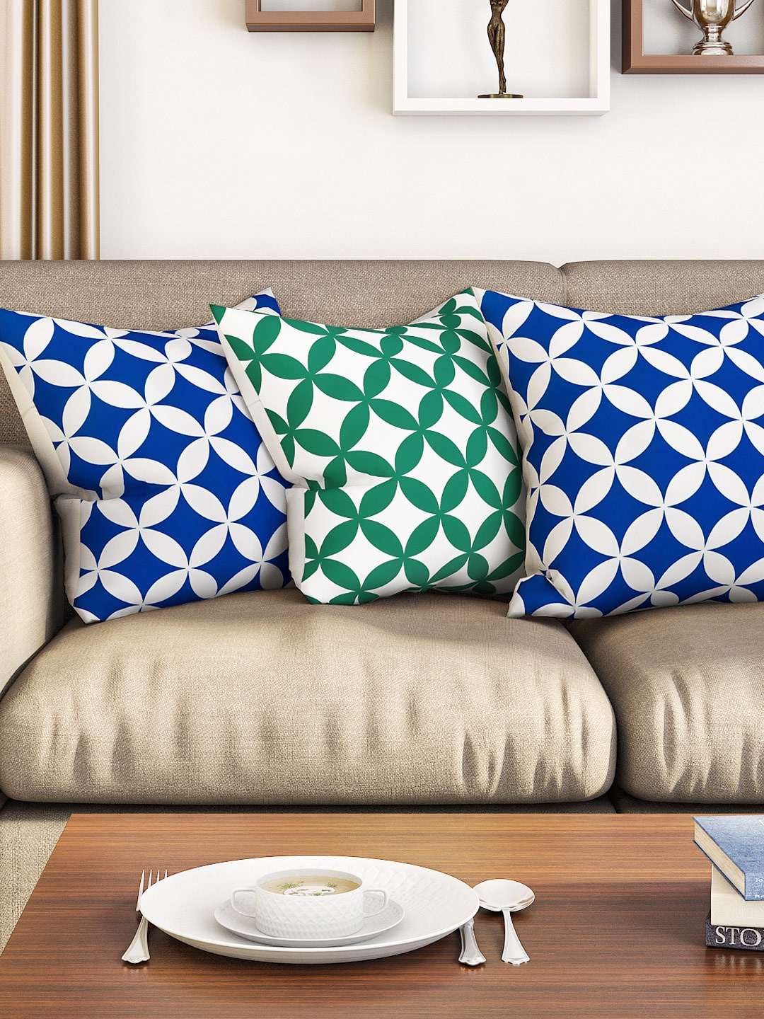 

SEJ by Nisha Gupta Blue & White Set of 3 Printed 16'' x 16'' Square Cushion Covers