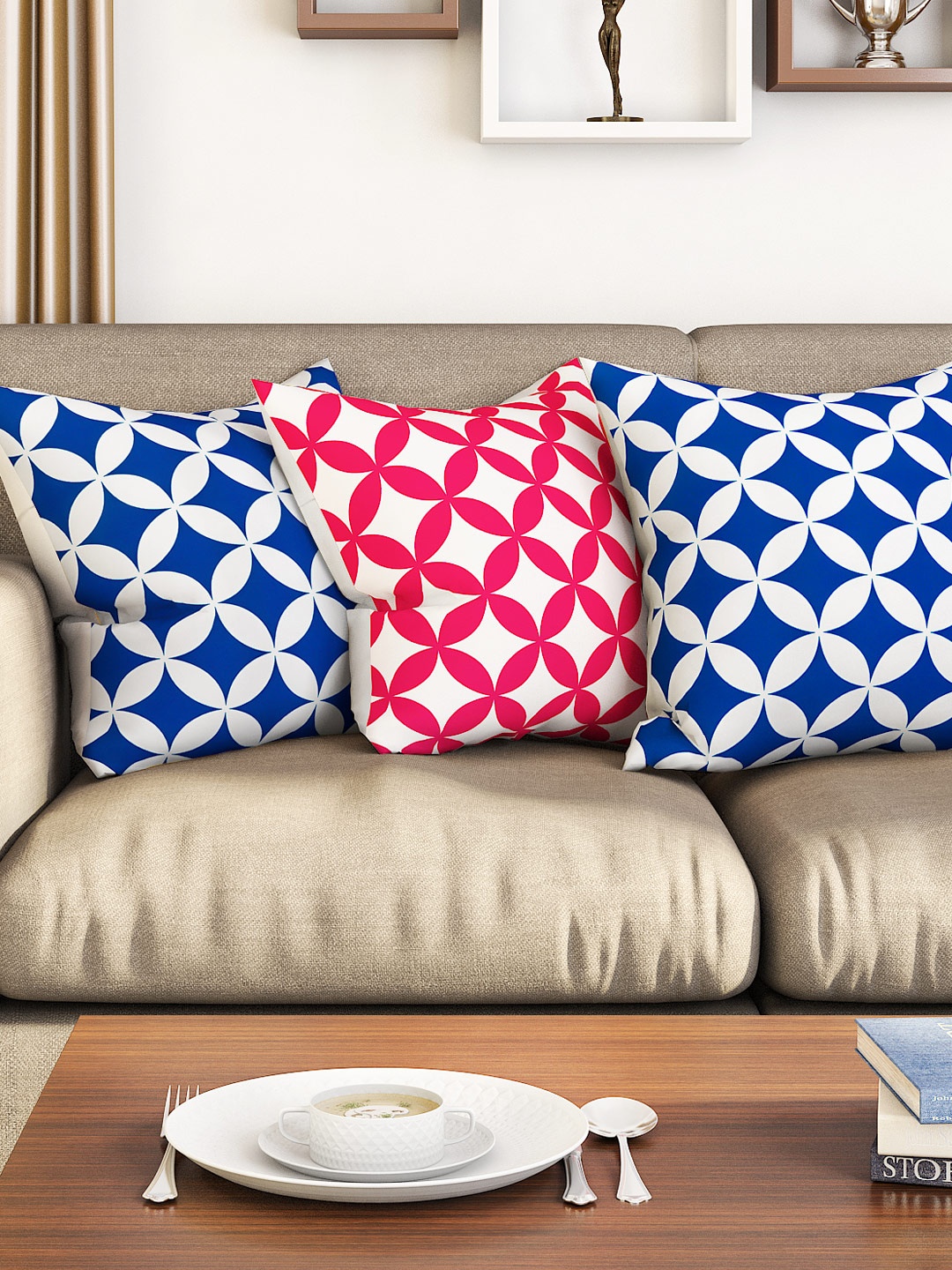

SEJ by Nisha Gupta Blue & White Set of 3 Printed 16'' x 16'' Square Cushion Covers