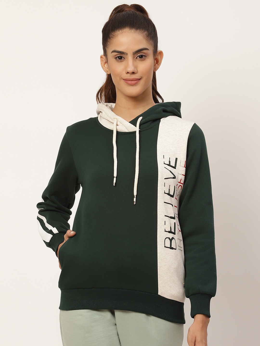 

Monte Carlo Women Green & White Colourblocked Hooded Sweatshirt