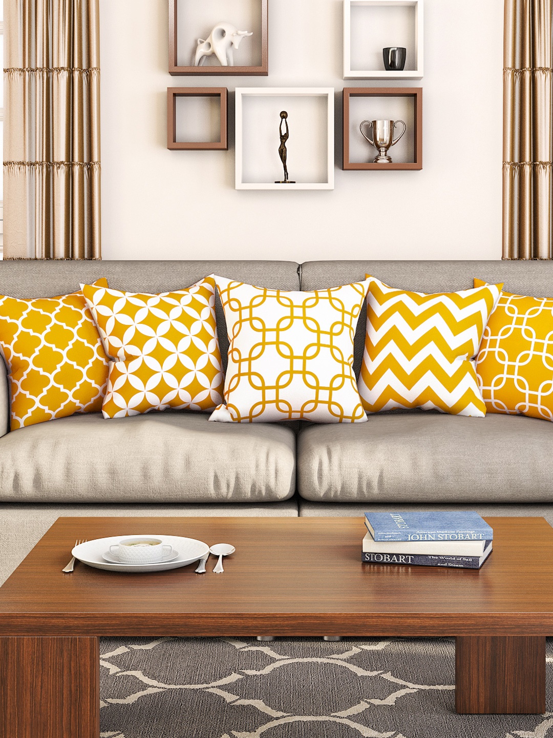 

SEJ by Nisha Gupta White & Yellow Set of 5 16" x 16" Square Cushion Covers