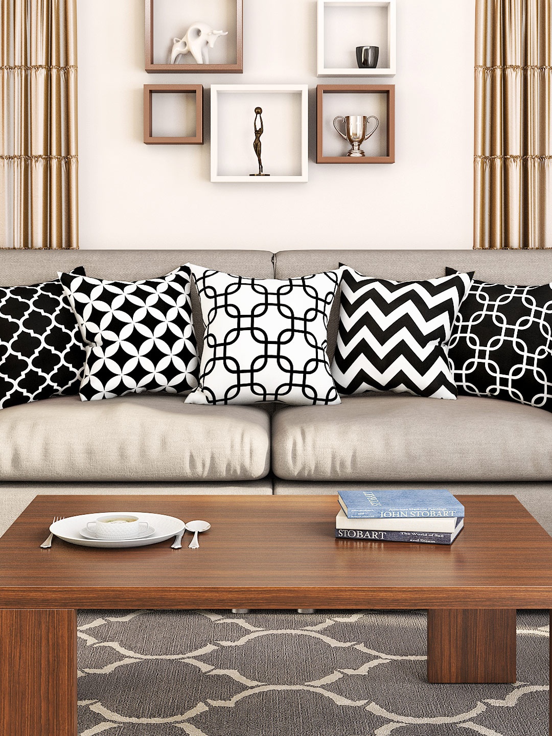 

SEJ by Nisha Gupta Black & White Set of 5 Printed 16'' x 16'' Square Cushion Covers