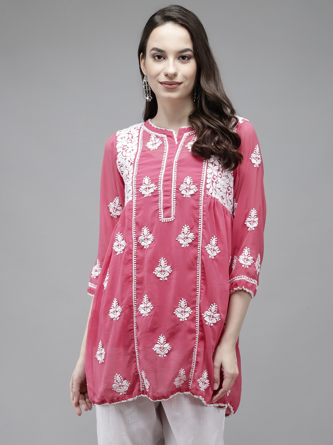 

ADA Pink Ethnic Motifs Woven Design Pure Georgette Chikankari Handloom Kurti with a Matching Slip