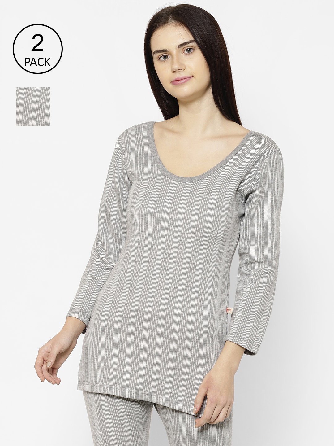 

VIMAL JONNEY Women Pack Of 2 Striped Thermal Tops, Grey