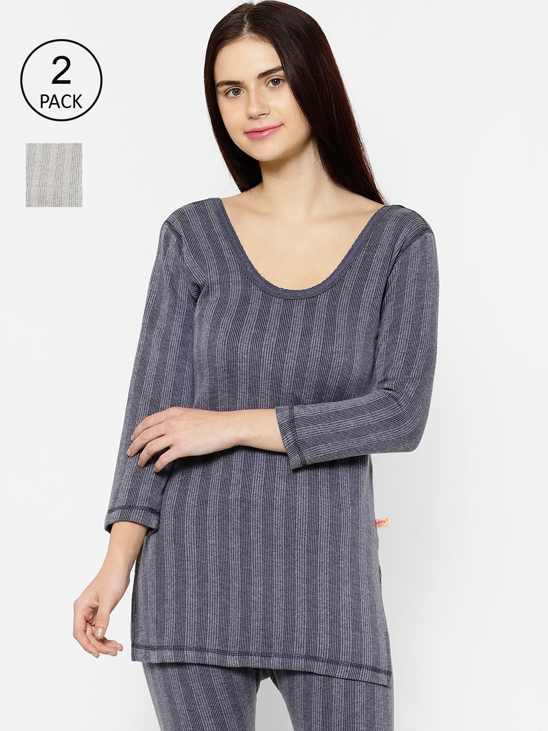 

VIMAL JONNEY Women Pack Of 2 Striped Thermal Tops, Grey