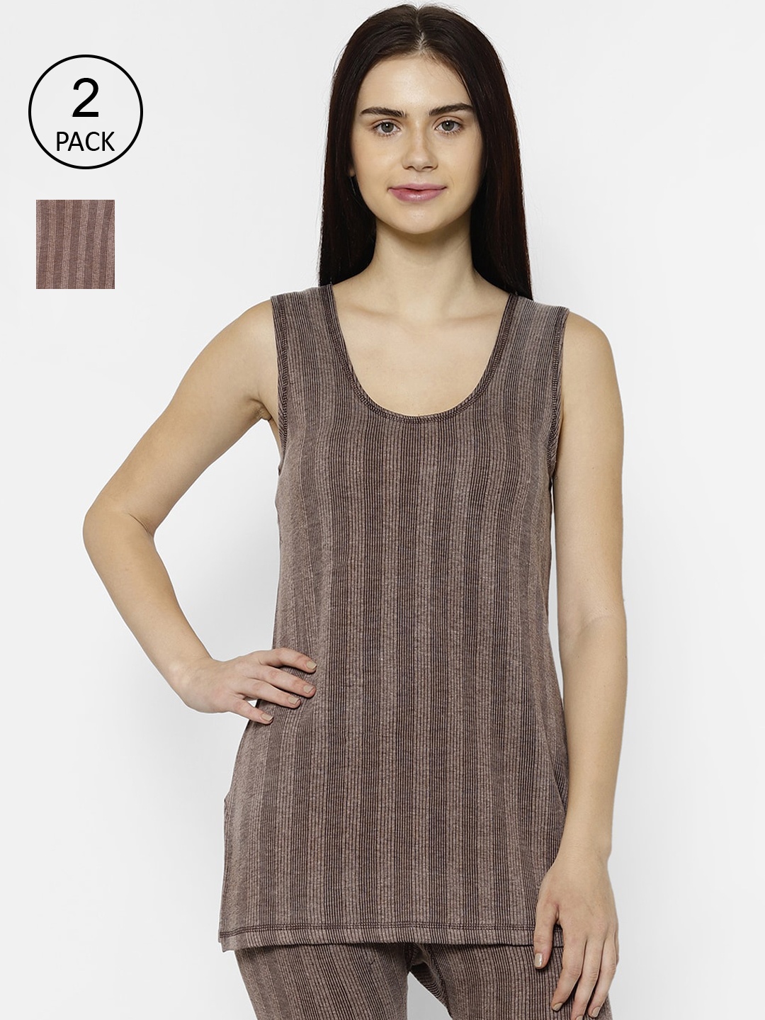 

VIMAL JONNEY Women Pack Of 2 Brown Striped Thermal Tops