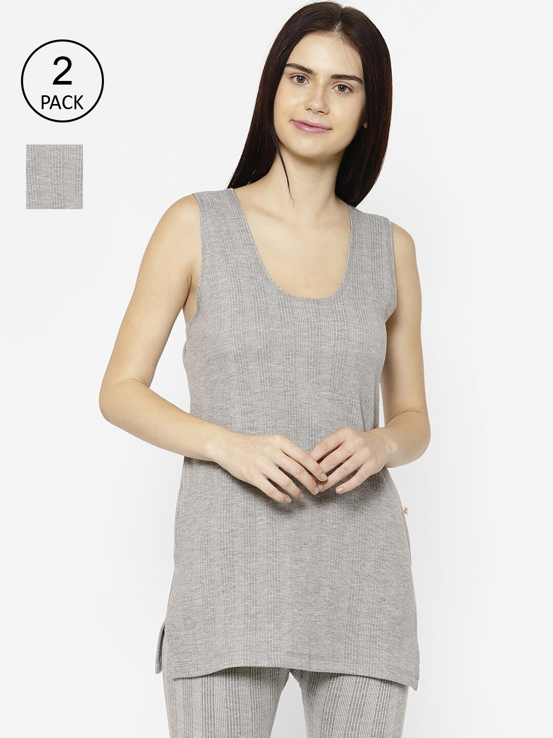 

VIMAL JONNEY Women Pack Of 2 Grey Striped Thermal Tops