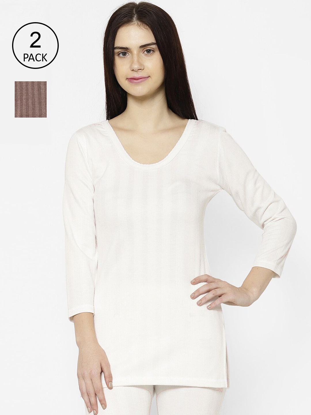 

VIMAL JONNEY Women Pack Of 2 Striped Thermal Tops, White