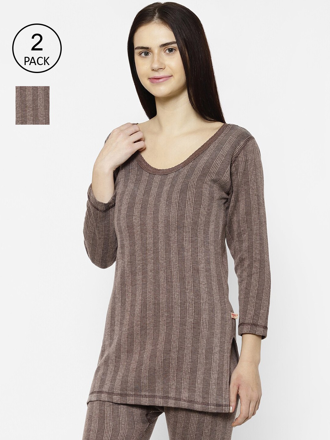 

VIMAL JONNEY Women Pack Of 2 Brown Striped Thermal Top