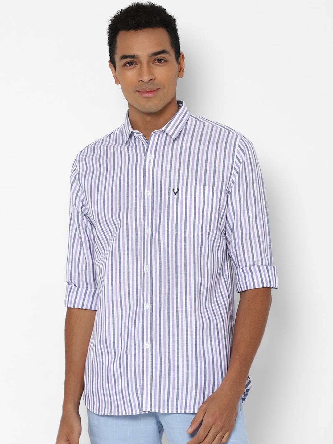 

Allen Solly Men Purple & Grey Striped Slim Fit Casual Shirt