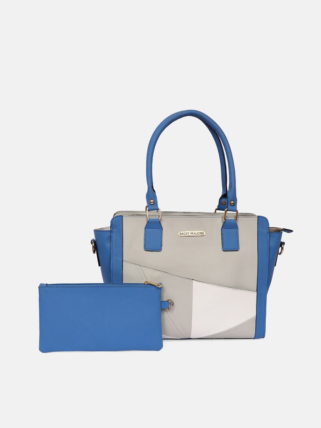 

Bagsy Malone Blue & Grey Colourblocked PU Structured Handheld Bag With Pouch